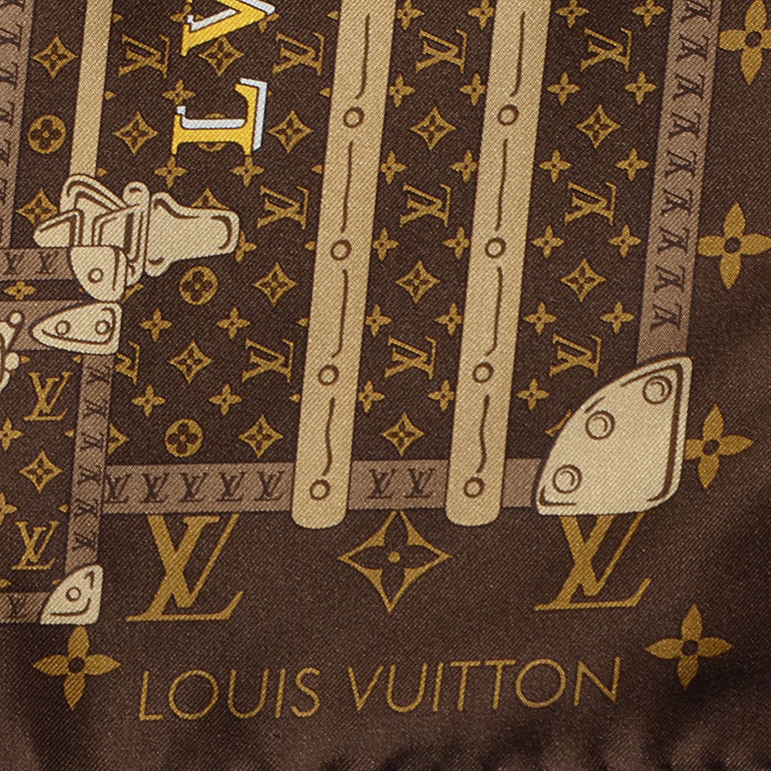 Louis Vuitton Silk Monogram Trunks Square Scarf Brown 3 of 5