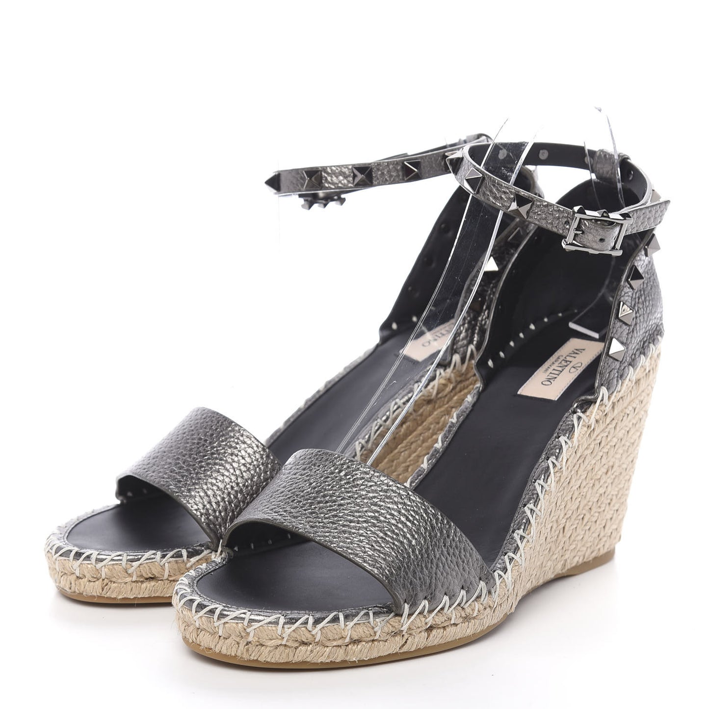 Metallic Grained Calfskin Rockstud Ankle Strap Espadrille 15/105mm Wedge Sandals 41 Rutenio Natural