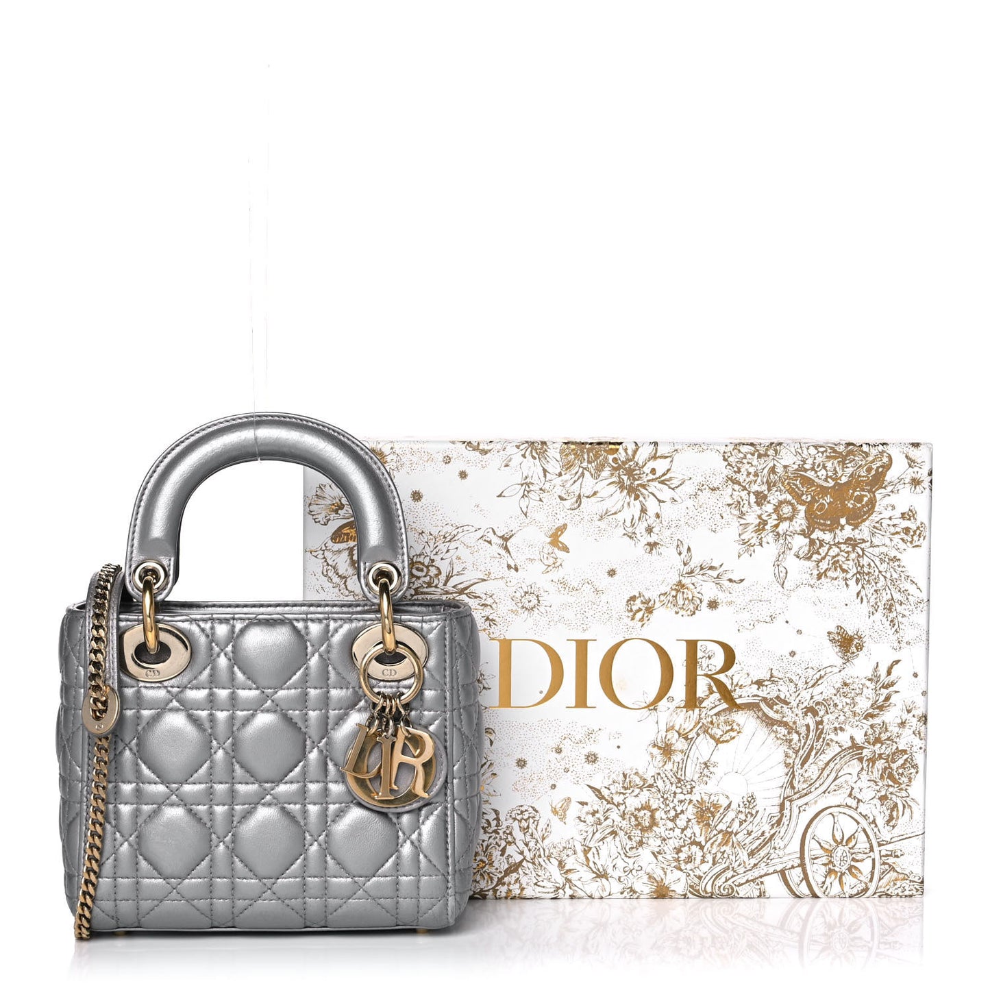 Metallic Lambskin Cannage Mini Lady Dior Grey