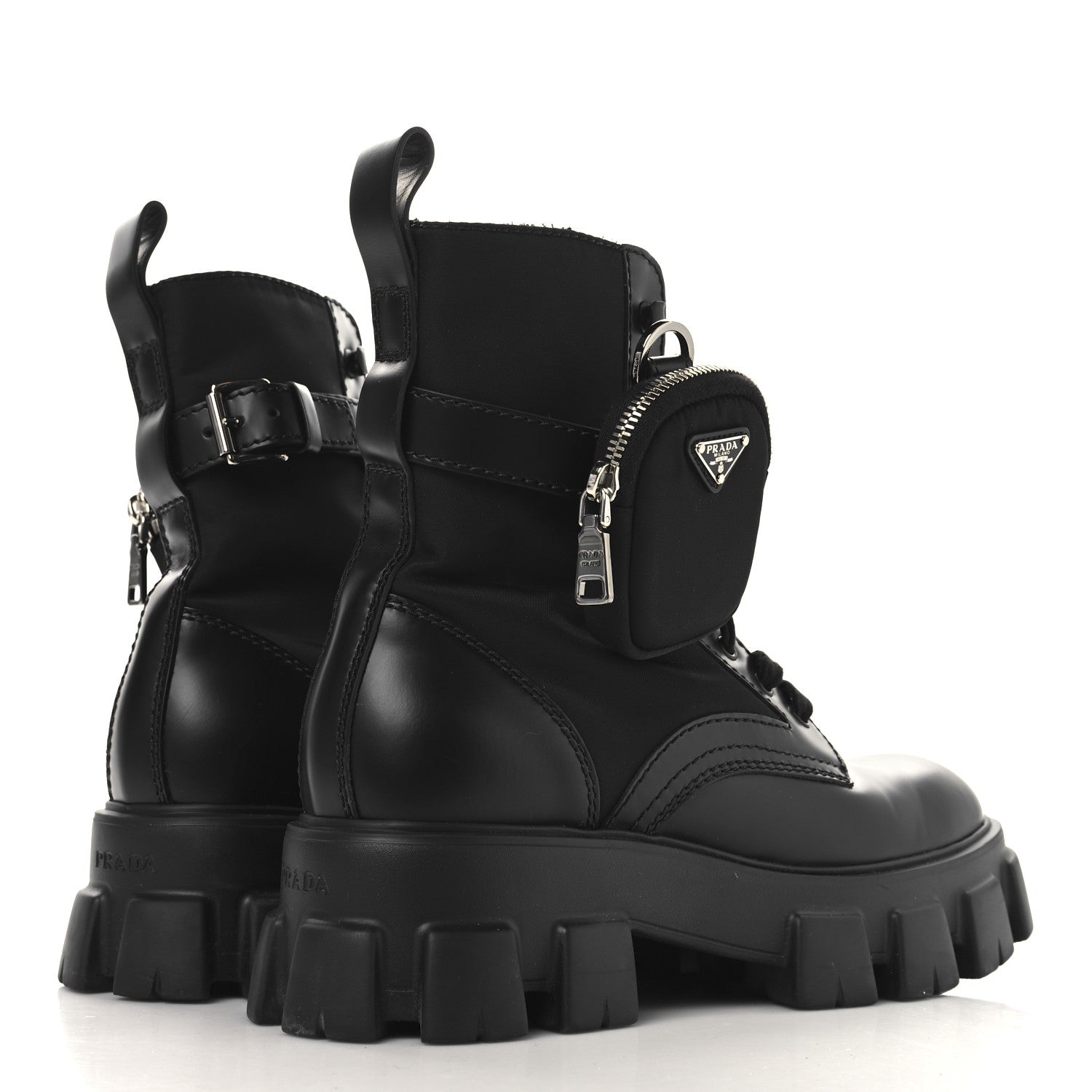 Prada Spazzolato Rois Re-Nylon Metal Triangle Logo Monolith Pouch Pocket 55mm Boots 38 Black 5 of 11