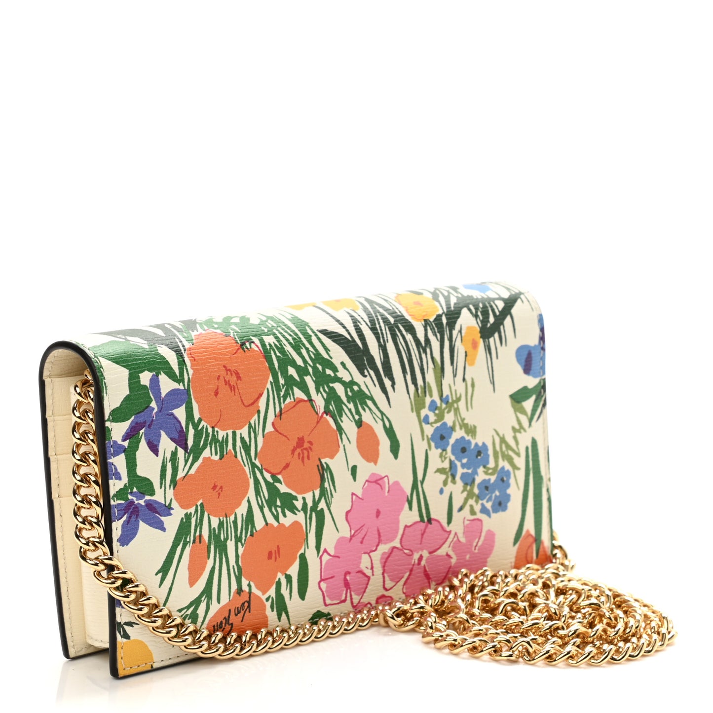X KEN SCOTT New Shangai Calfskin Jardin D'Avril Floral Print Horsebit 1955 Wallet On Chain Ivory Pink