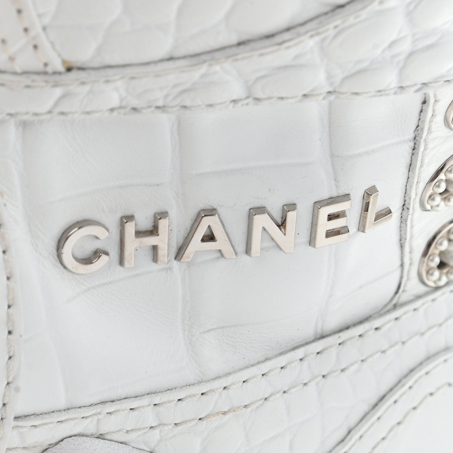 Chanel Calfskin Crocodile Embossed Cocodile High Top Sneakers 38 White 7 of 15