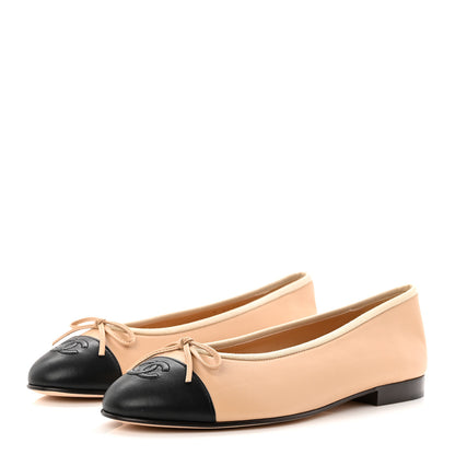 Chanel Lambskin Cap Toe CC Ballerina Flats 39.5 Beige Black 3 of 10