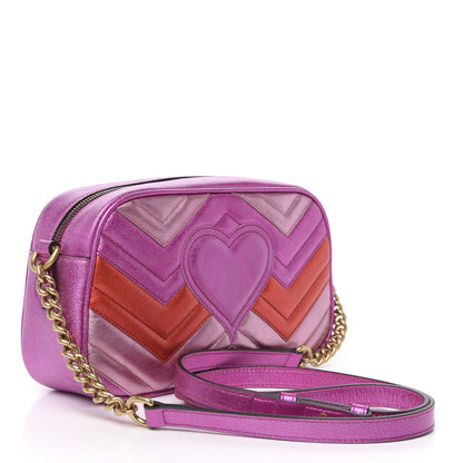Gucci Laminated Nappa Matelasse Small GG Marmont Chain Shoulder Bag Fuxia Rosso Rosa 3 of 10