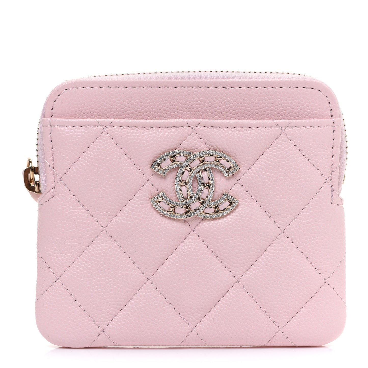 Caviar Quilted Crystal Zip Card Holder Wallet Light Pink