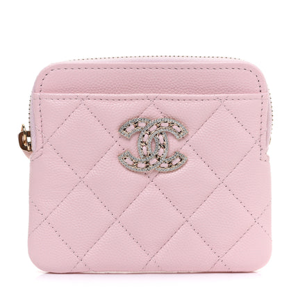 Chanel Caviar Quilted Crystal Zip Card Holder Wallet Light Pink 1 of 8