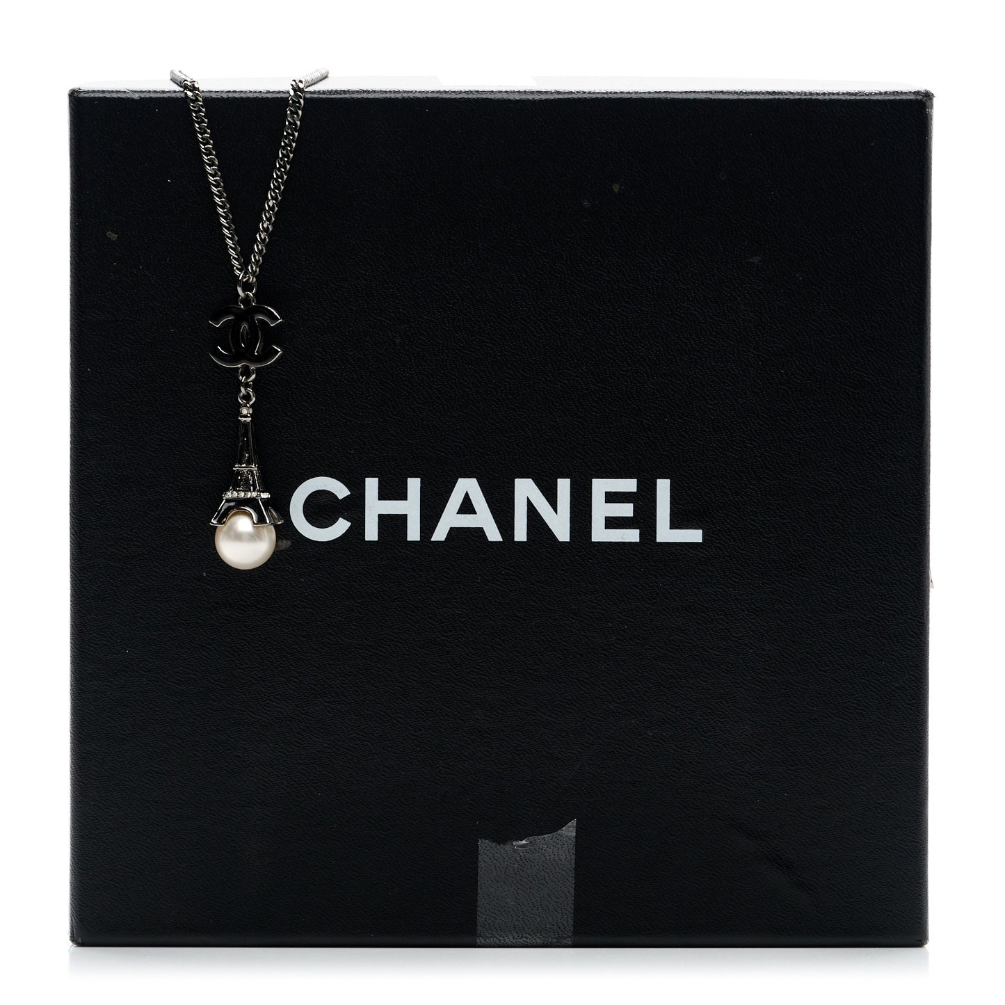 Ruthenium Enamel Pearl Eiffel Tower CC Drop Necklace Black White