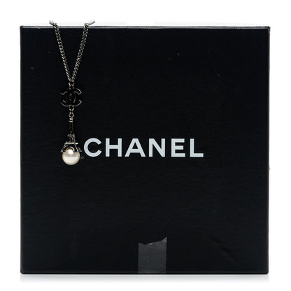 Chanel Ruthenium Enamel Pearl Eiffel Tower CC Drop Necklace Black White 7 of 7