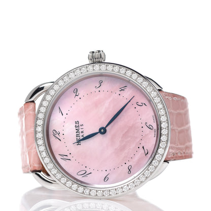 Hermes Stainless Steel Alligator Diamond Bezel Pink Mother of Pearl 38mm Arceau Quartz Watch 3 of 8