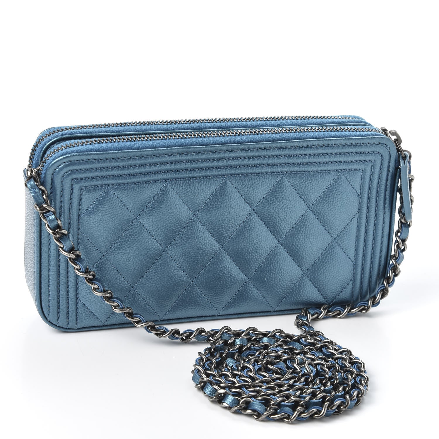 Chanel Metallic Caviar Quilted Small Boy Clutch With Chain Turquoise 2 of 10