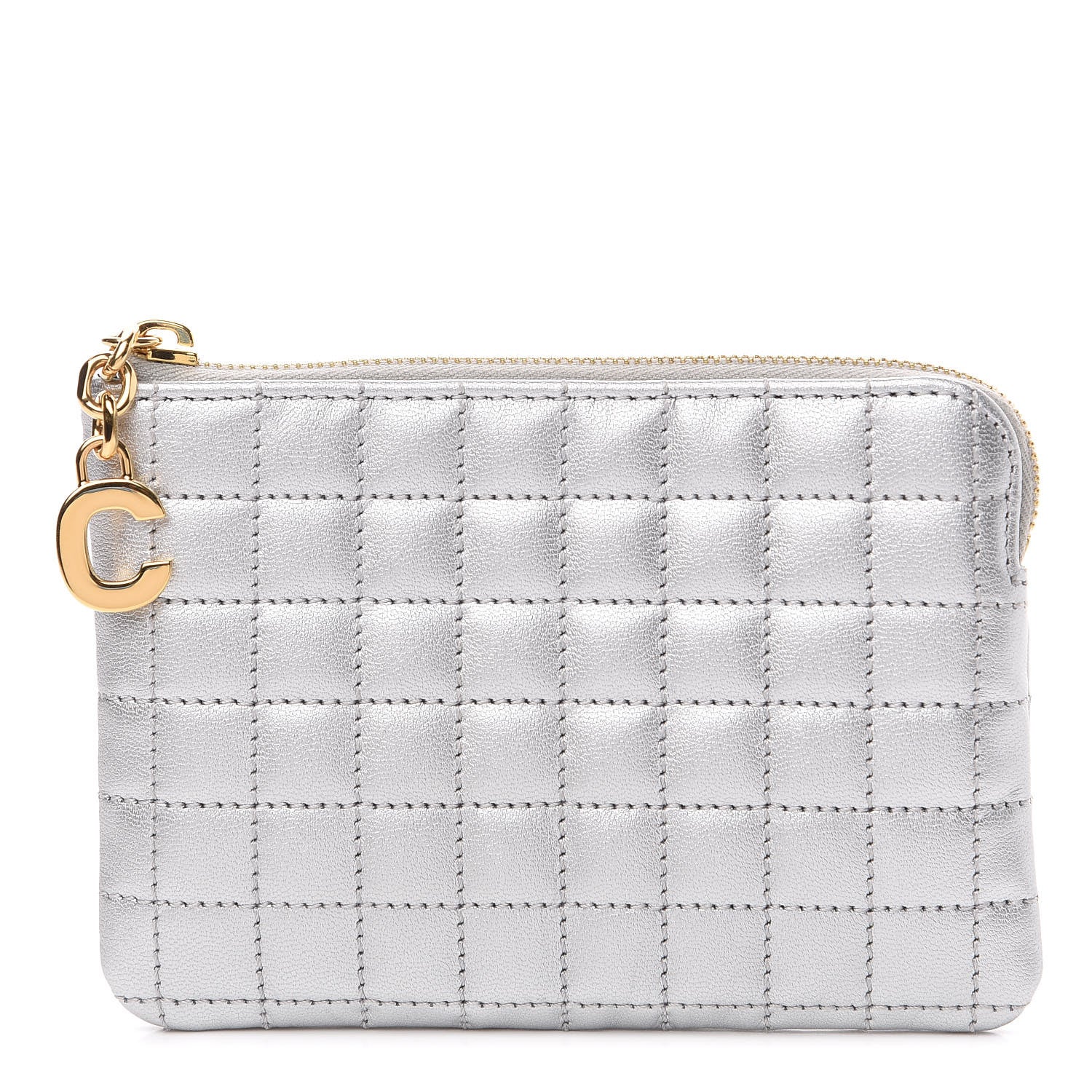 Celine Laminated Calfskin Quilted C Charm Coin Card Pouch Silver 1 of 7