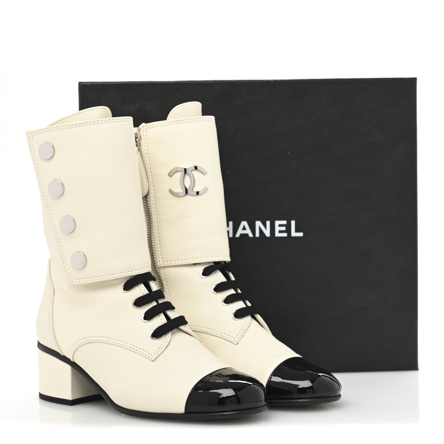 Chanel Calfskin Patent Cap Toe CC Lace Up Boots 38 Ivory Black 12 of 12