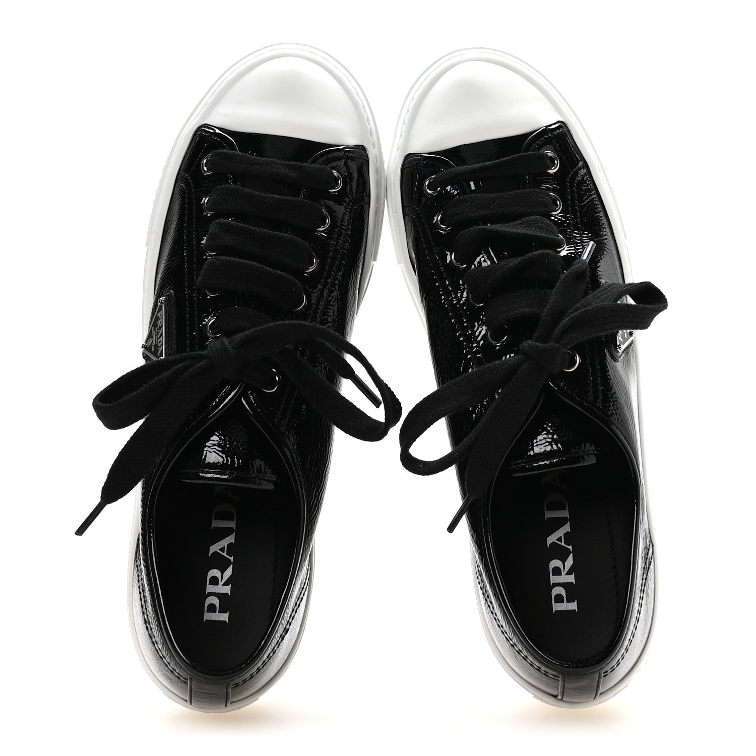Prada Patent Naplak Triangle Logo Womens Low Top Sneakers 39.5 Black White 2 of 8