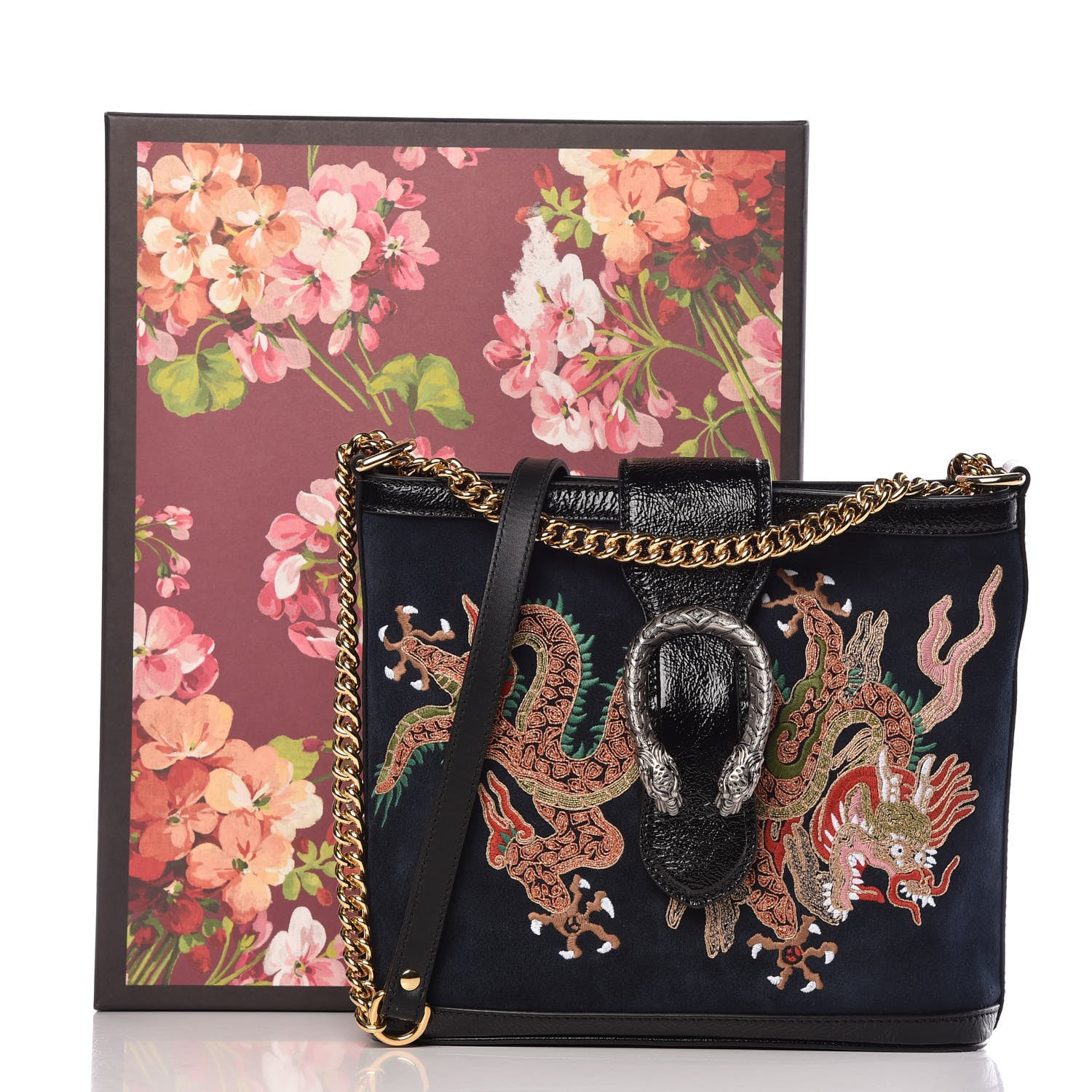 Gucci Suede Patent Dragon Embroidered Medium Dionysus Bucket Bag Dark Blue 11 of 11