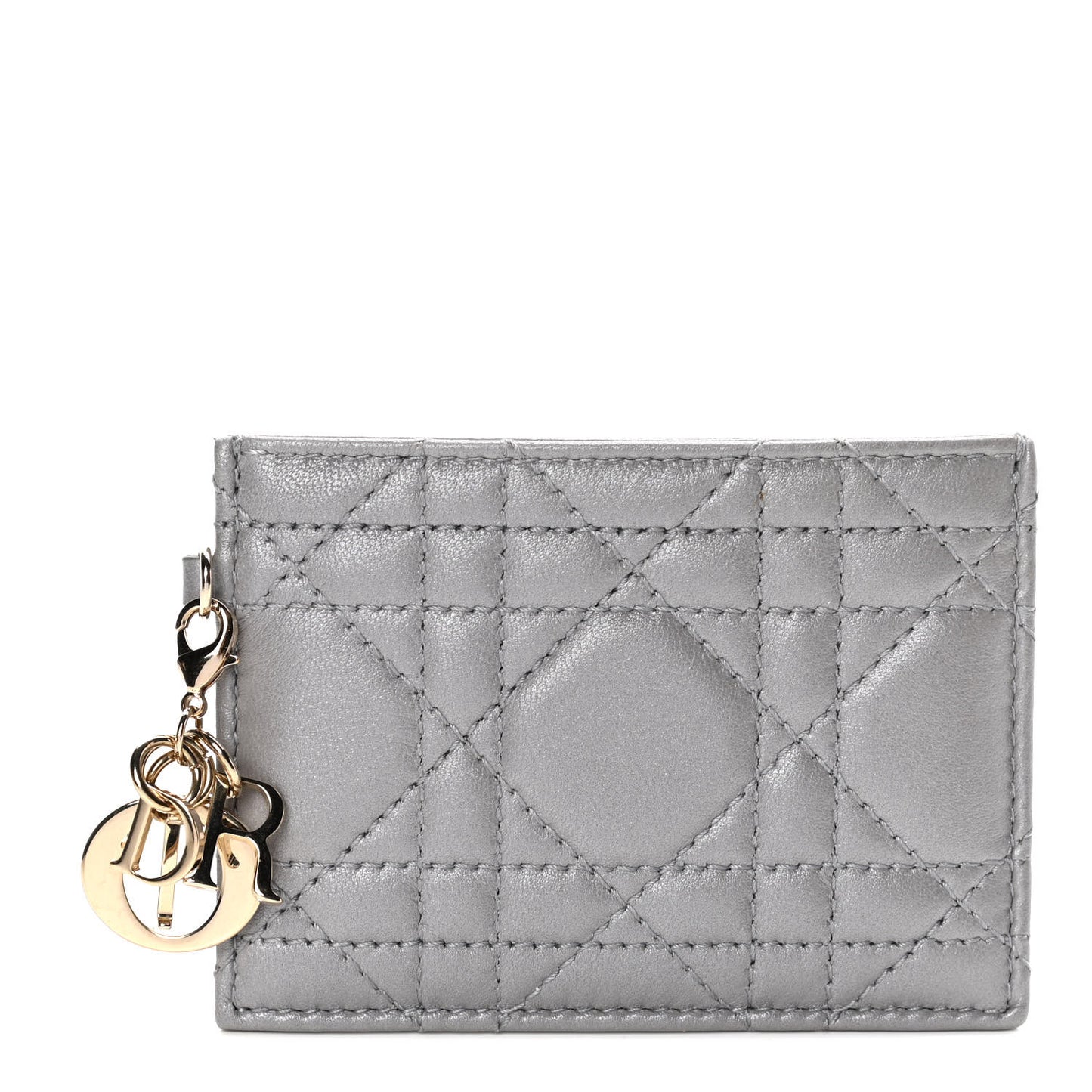 Metallic Lambskin Cannage Lady Dior Card Holder Silver