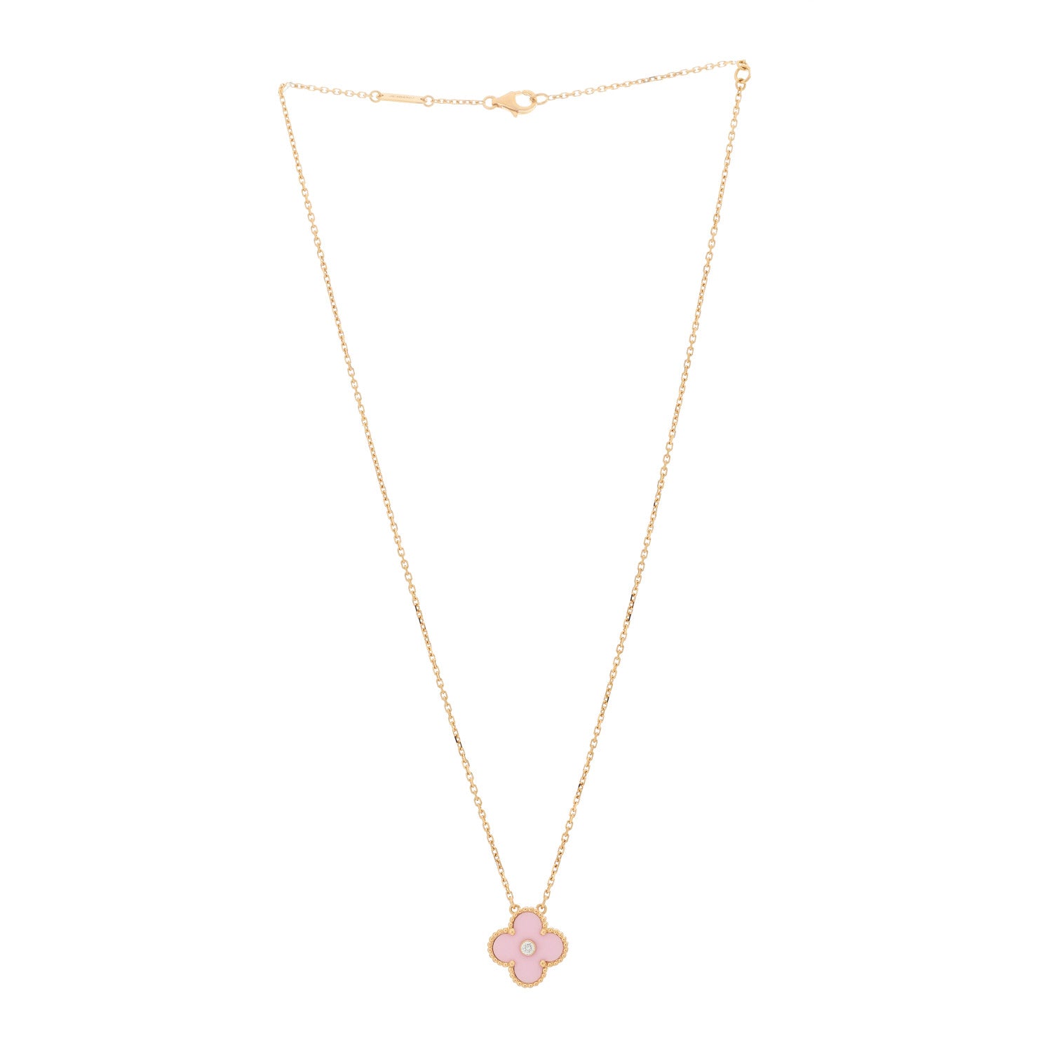 Van Cleef & Arpels 18K Rose Gold Diamond Pink Porcelain Vintage Alhambra Pendant Necklace 3 of 5