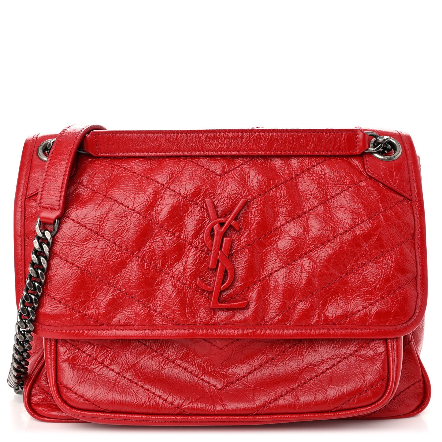 Crinkled Calfskin Matelasse Monogram Medium Niki Chain Satchel Rouge Eros
