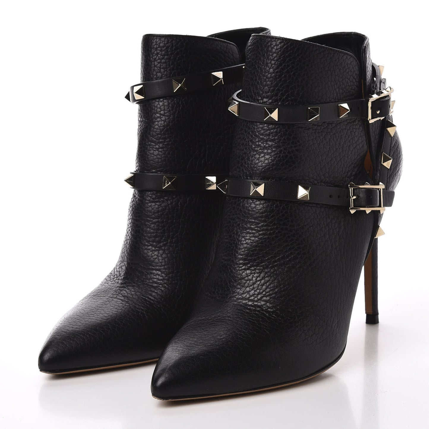Pebbled Calfskin Rockstud Double Buckle 100mm Ankle Boots 38.5 Black