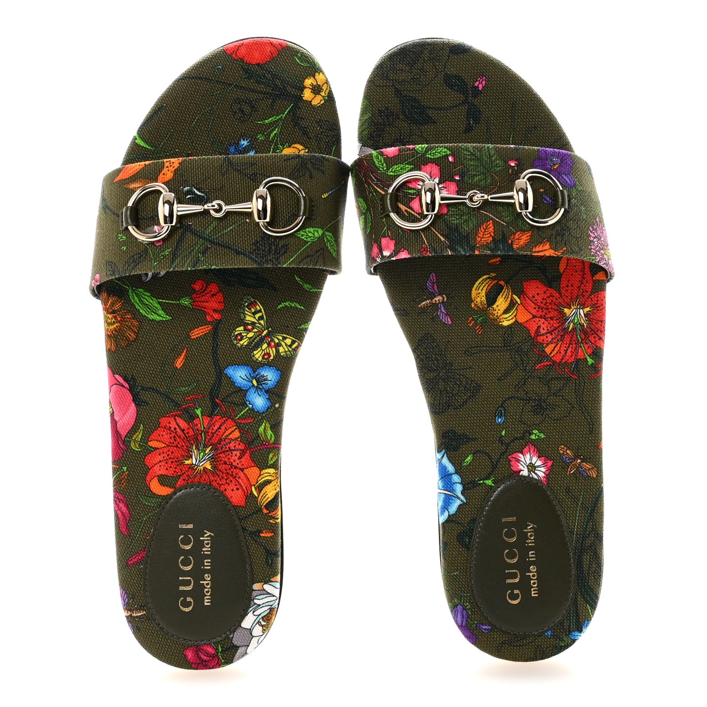 Canvas Flora Print Horsebit Slide Sandals 39 Dark Green