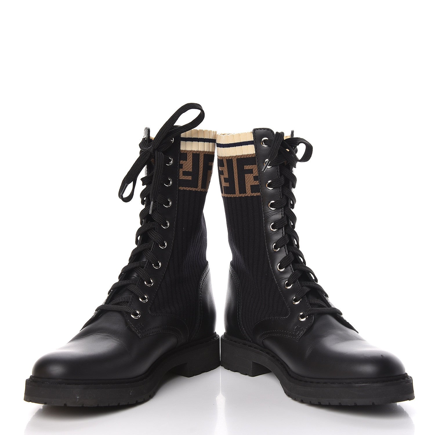 Fendi Calfskin Stretch Fabric Rockoko Biker Boots 38 Tobacco Black Marino 5 of 10