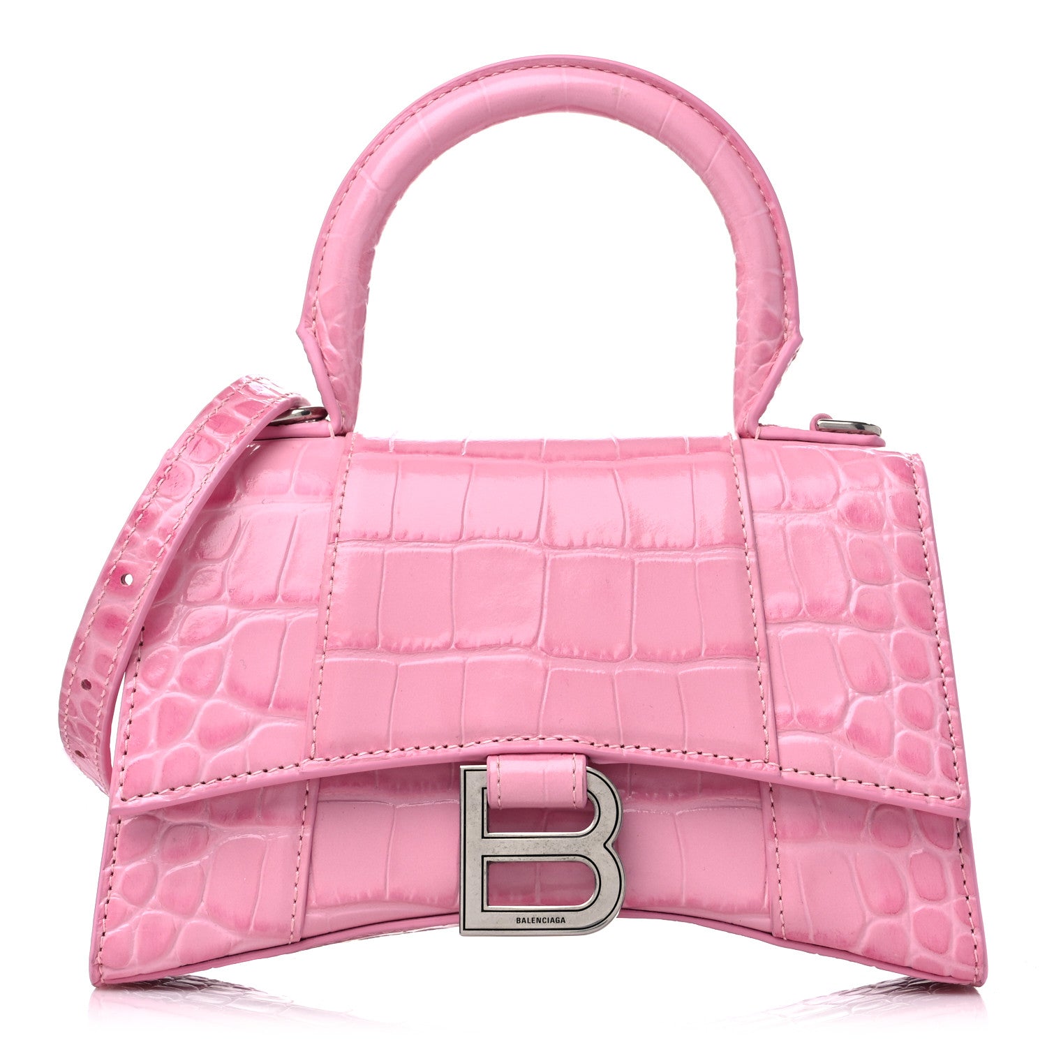 Balenciaga Shiny Calfskin Crocodile Embossed Hourglass Top Handle Bag XS Pink 1 of 9