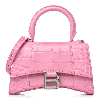 Balenciaga Shiny Calfskin Crocodile Embossed Hourglass Top Handle Bag XS Pink 1 of 9