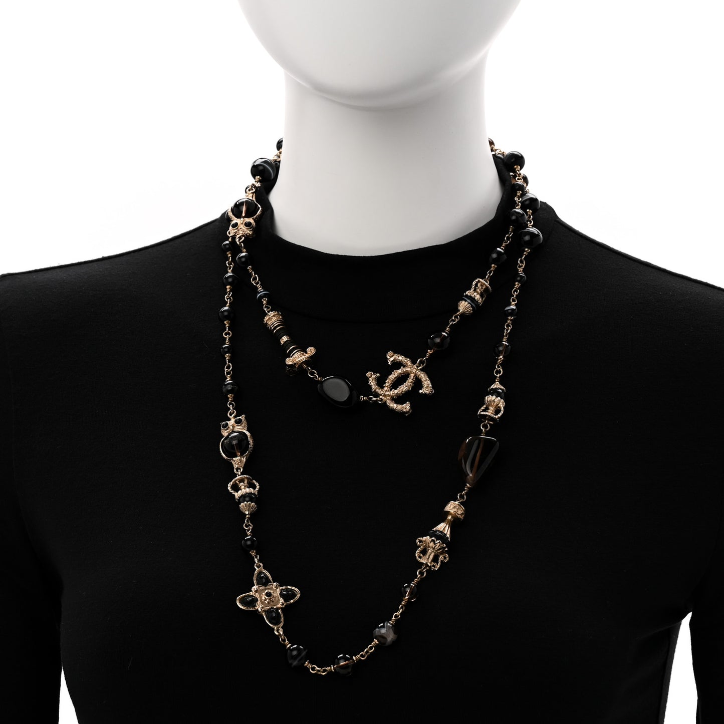 Resin Glass CC Beaded Charms Long Necklace Gold Black
