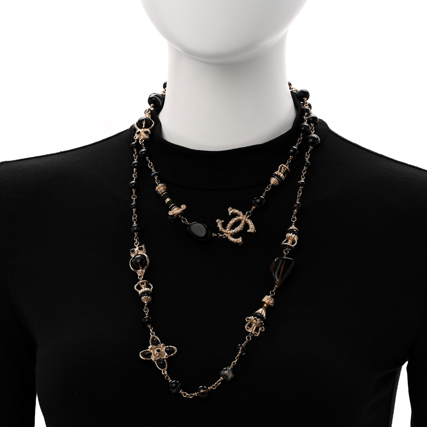 Chanel Resin Glass CC Beaded Charms Long Necklace Gold Black 2 of 5