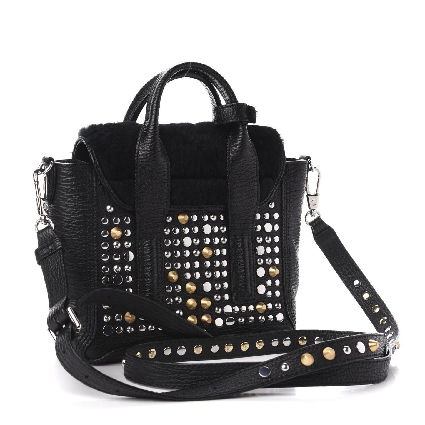 3.1 Textured Calfskin Shearling Studded Mini Pashli Satchel Black