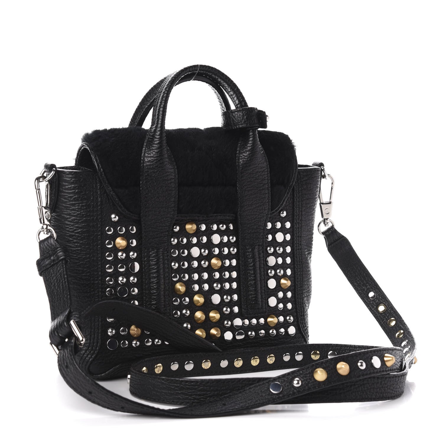 3.1 Phillip Lim 3.1 Textured Calfskin Shearling Studded Mini Pashli Satchel Black 3 of 9