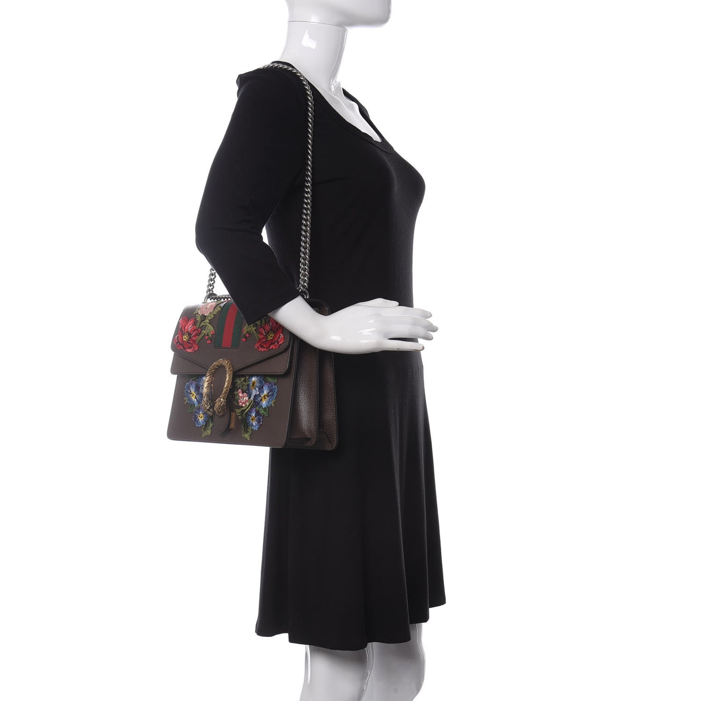 Calfskin Web Floral Embroidered Medium Dionysus Shoulder Bag New Acero