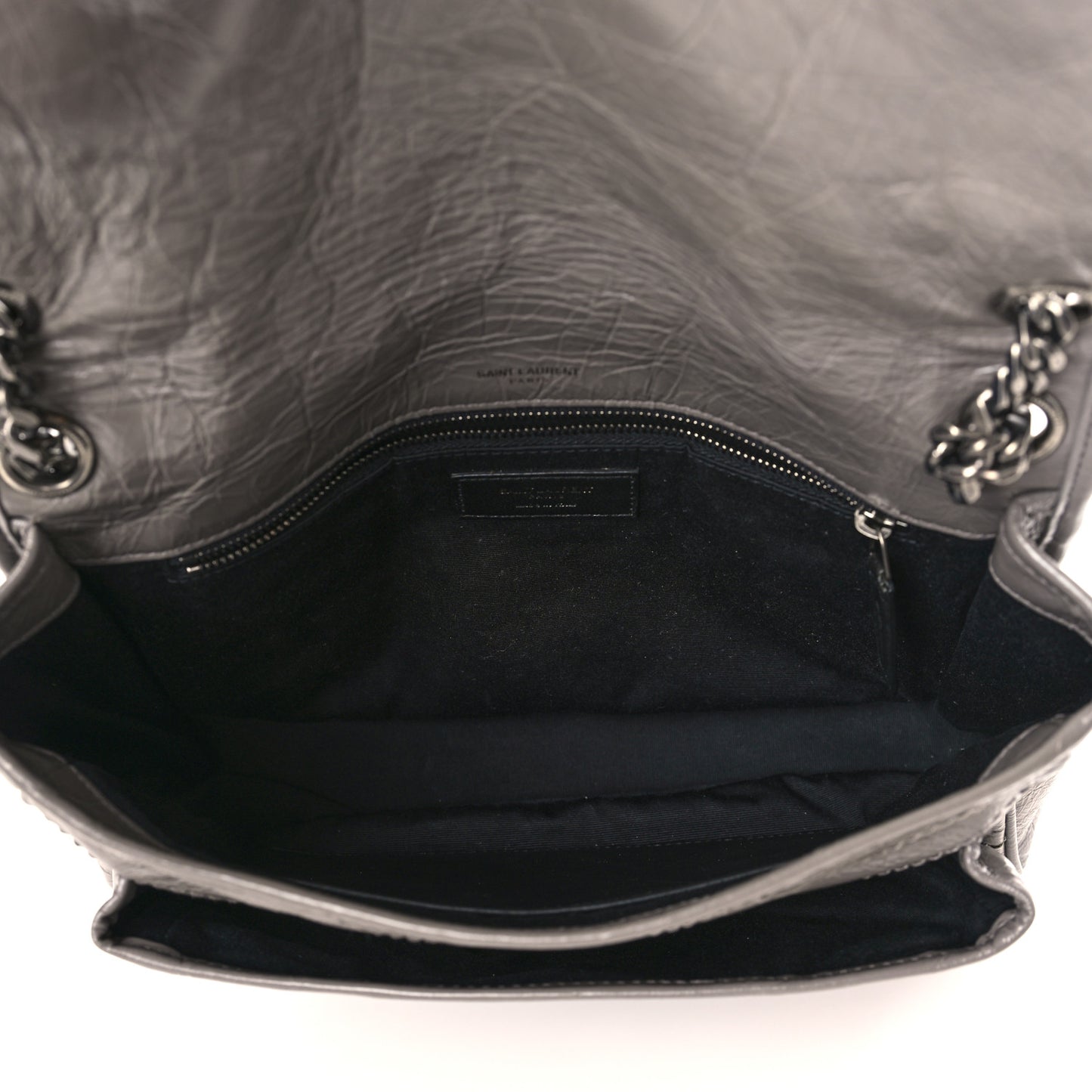 Crinkled Calfskin Matelasse Monogram Medium Niki Chain Satchel Fog