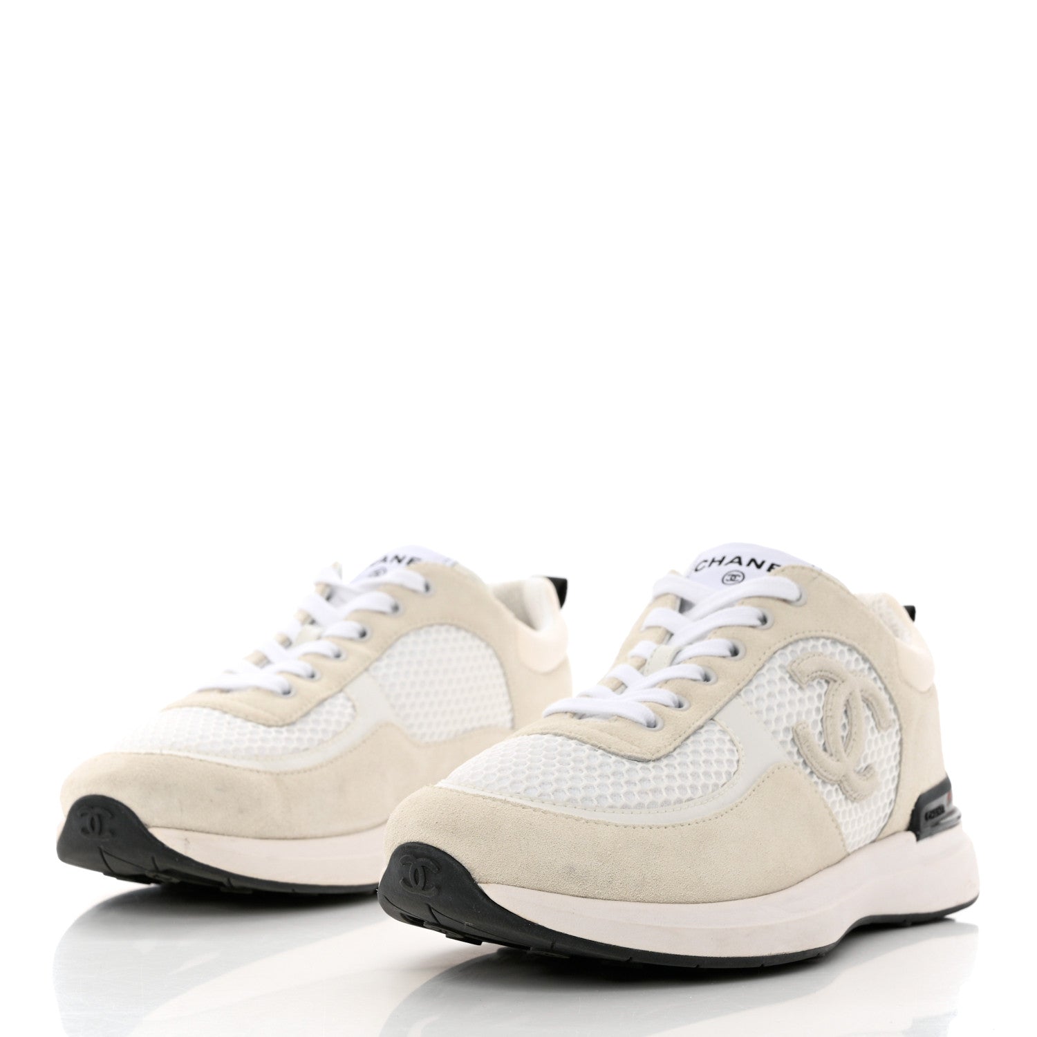 Chanel Calfskin Mesh Lycra Suede Womens Logo Sneakers 40 White 3 of 9