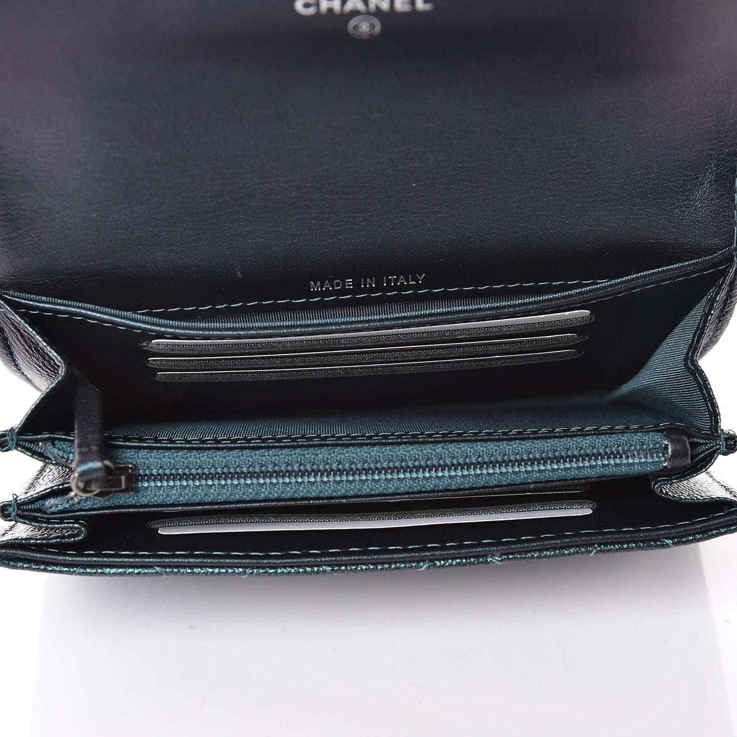 Iridescent Caviar Quilted Medium Filigree Flap Wallet Dark Turquoise