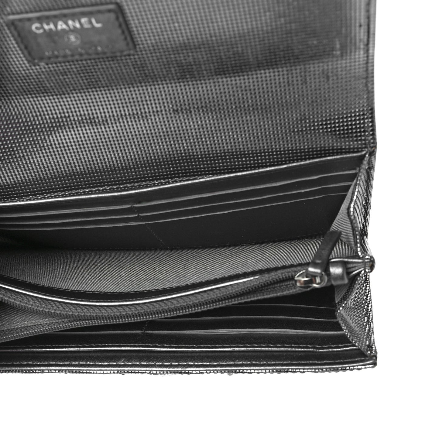 Crystal Quilted CC Large Gusset Flap Wallet Silver