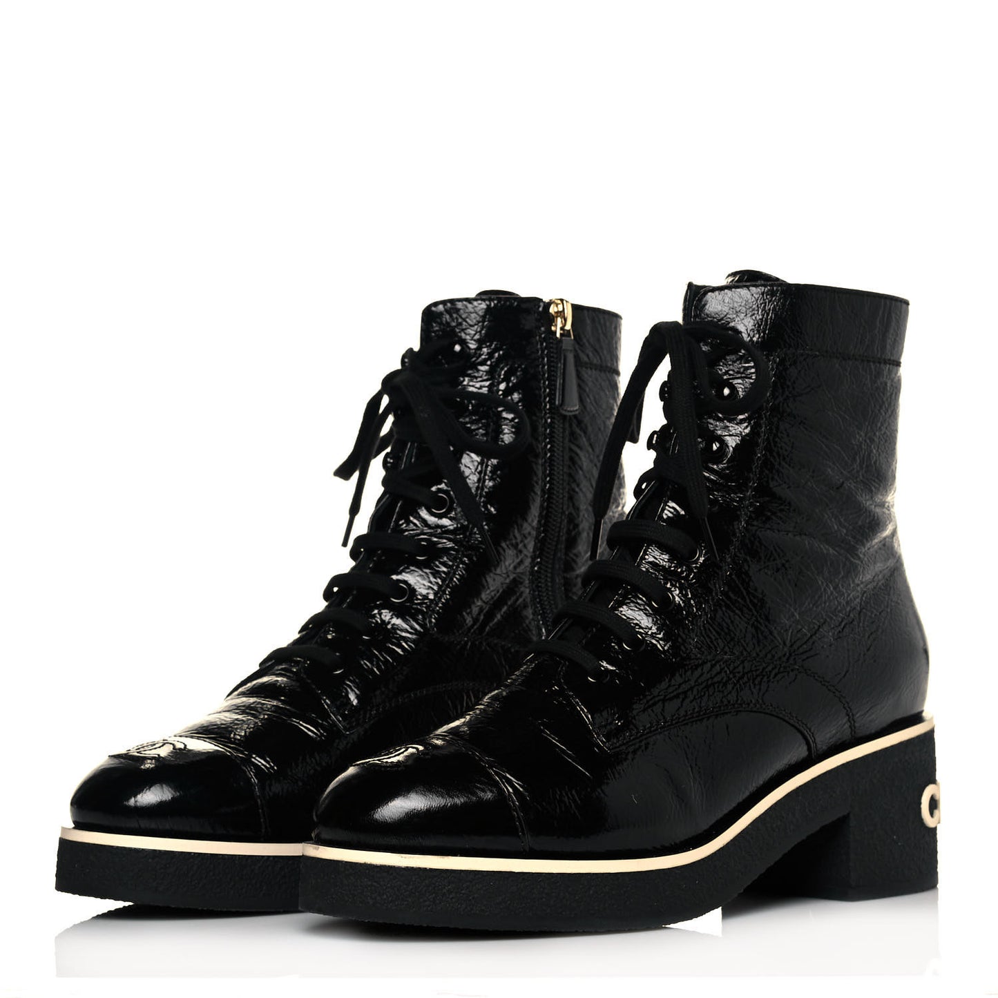 Shiny Crumpled Lambskin Lace Up Combat Boots 39.5 Black
