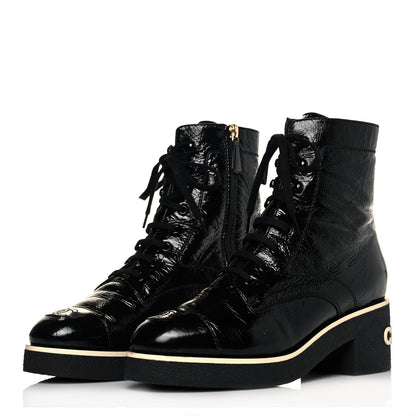 Chanel Shiny Crumpled Lambskin Lace Up Combat Boots 39.5 Black 3 of 8