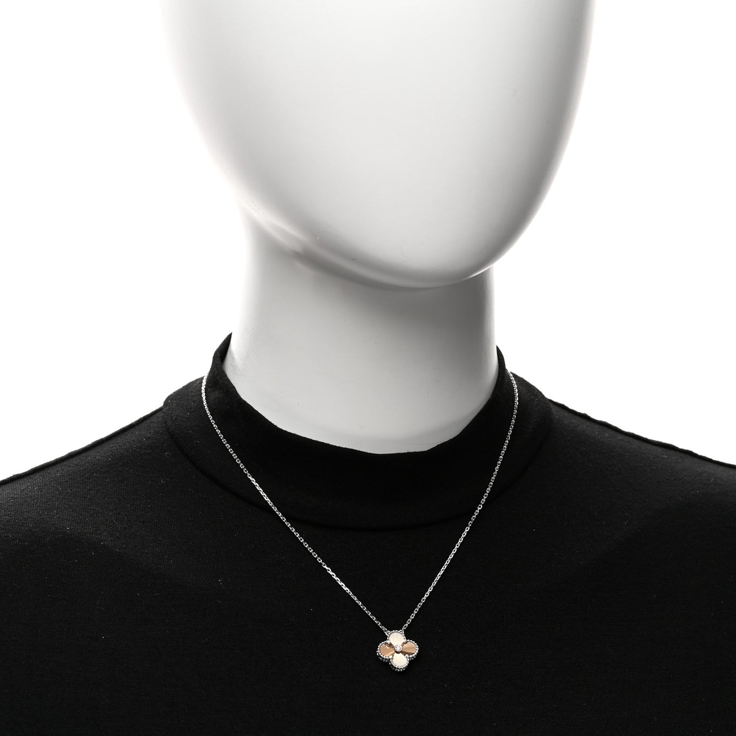 18K White Rose Gold Diamond Guilloche Vintage Alhambra Pendant Necklace