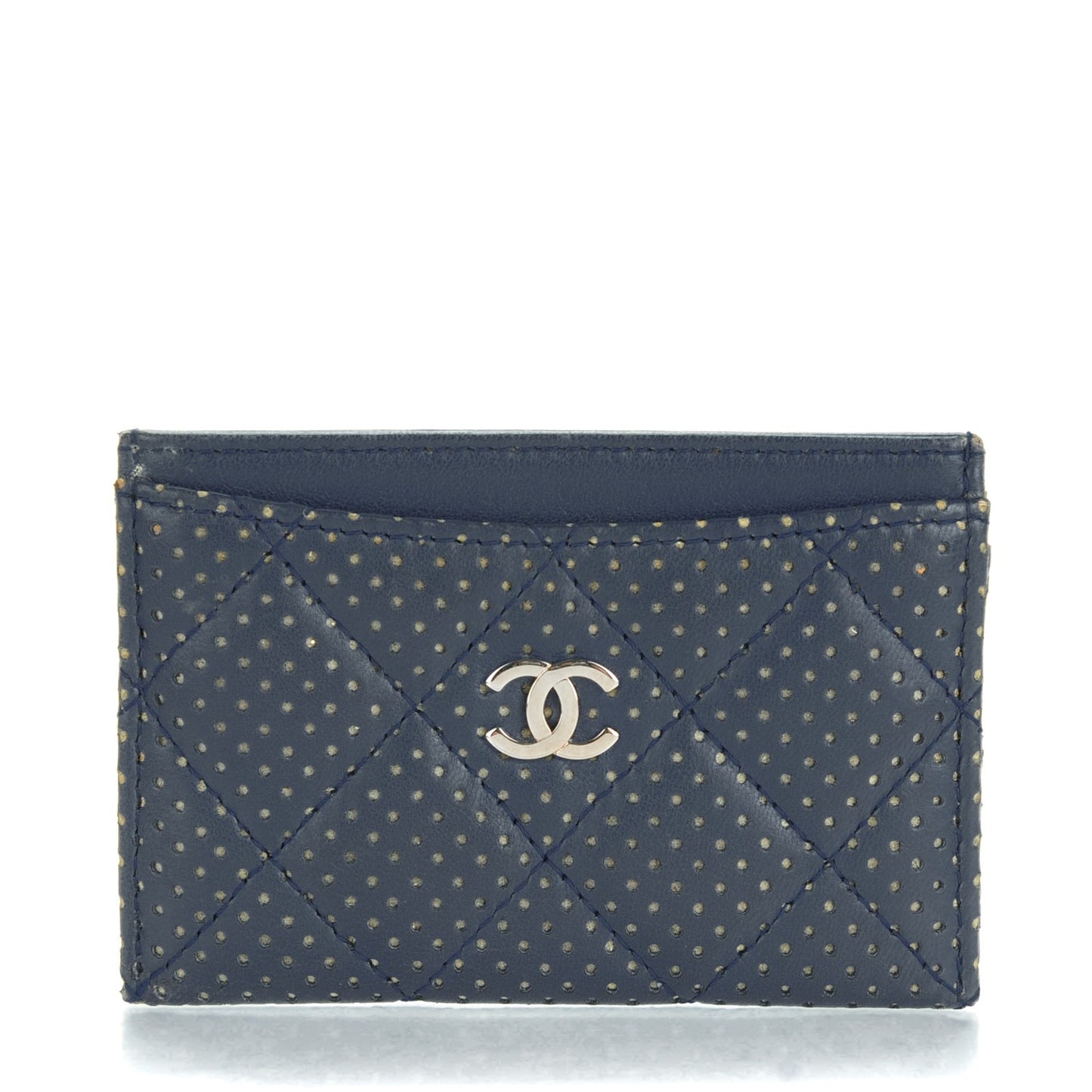 Perforated Lambskin Quilted Card Holder Blue