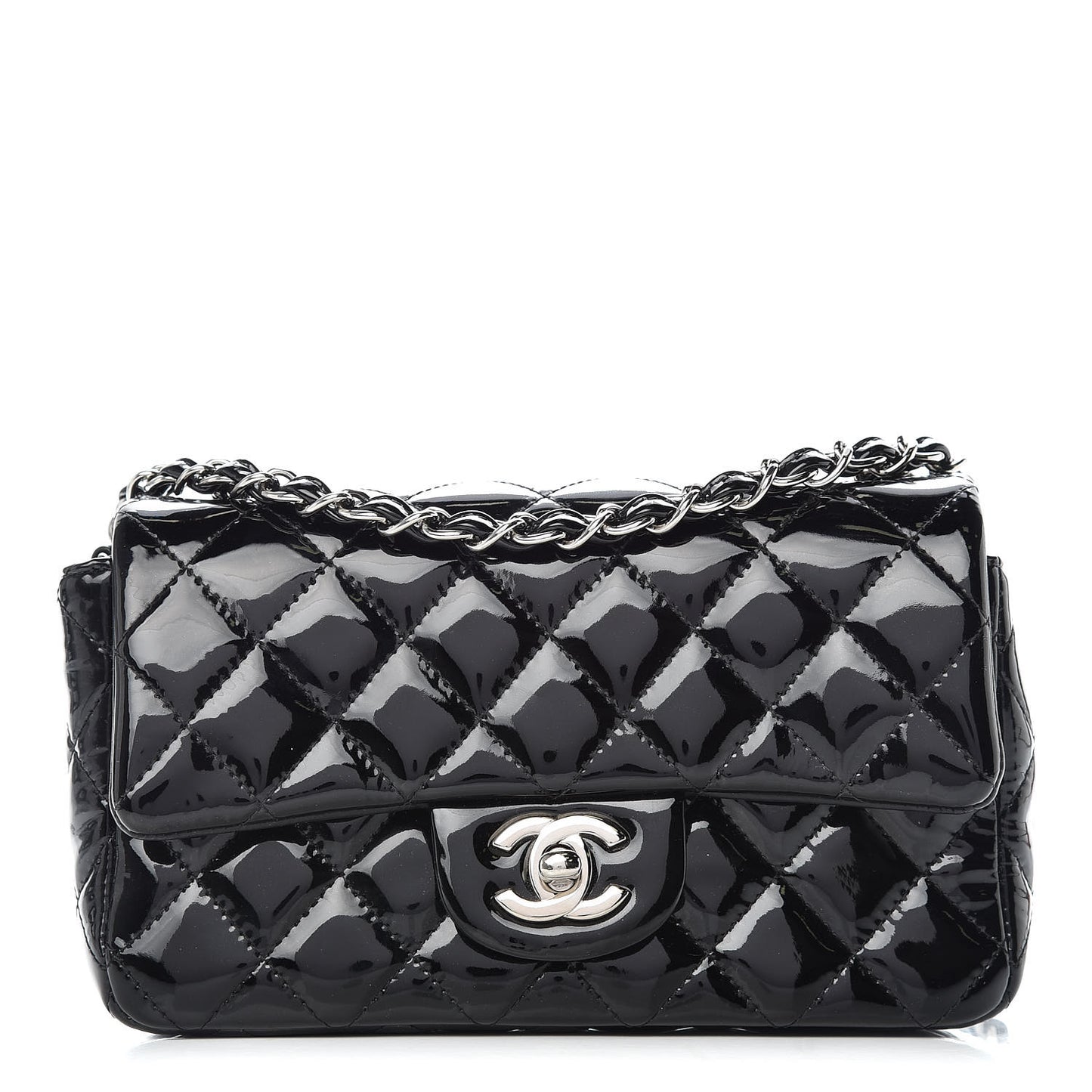 Patent Calfskin Quilted Mini Rectangular Flap Black