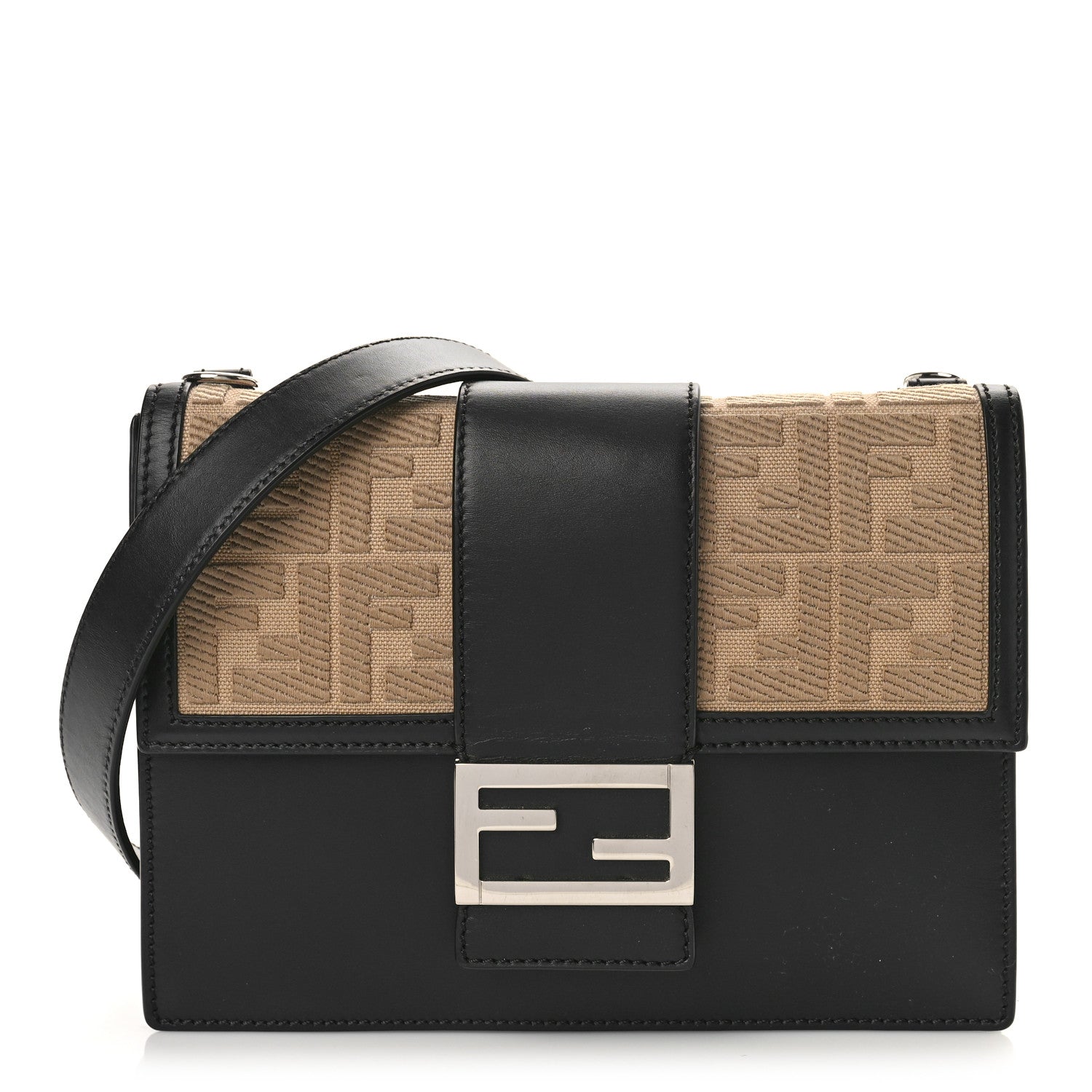 Fendi Canvas Vitello King FF Embroidered Medium Flat Baguette Sand Black 1 of 8