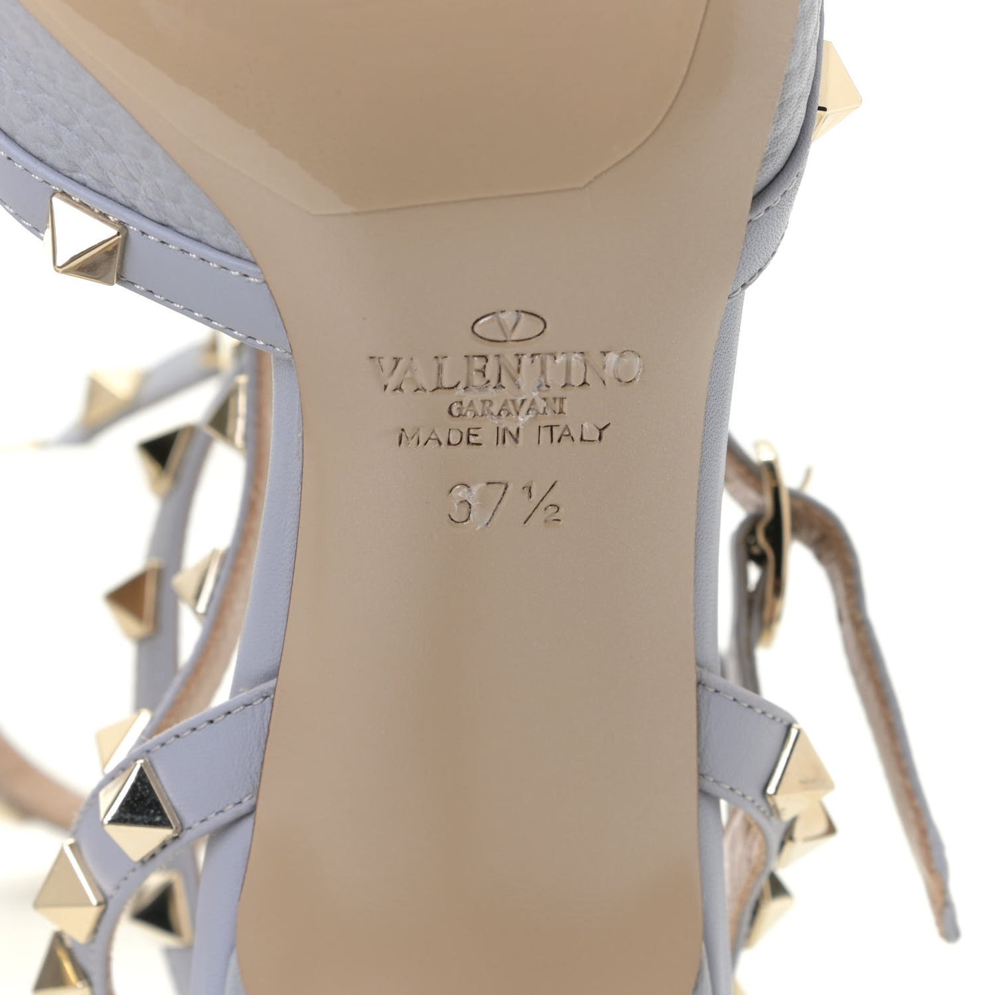 Pebbled Calfskin Rockstud Ankle Strap 65mm Pumps 37.5 Pastel Grey