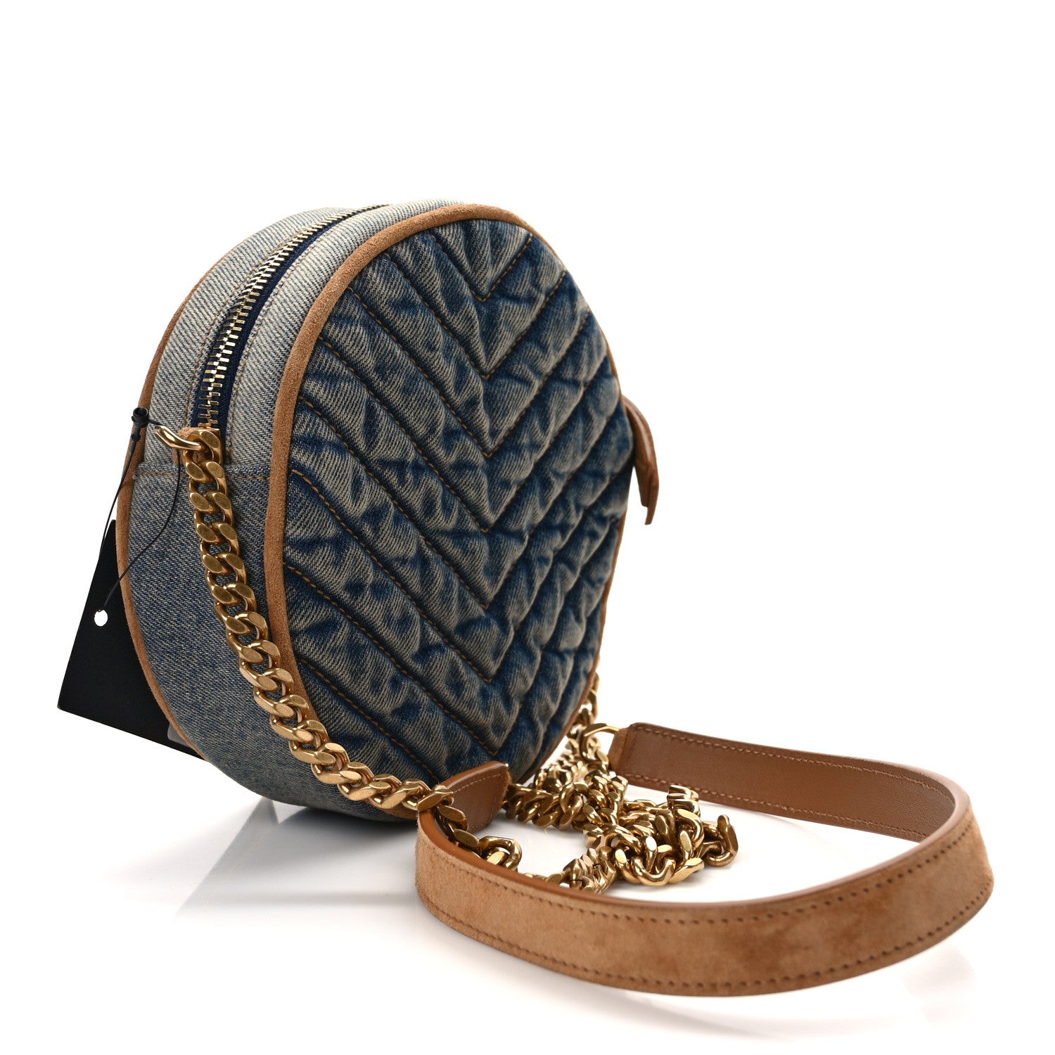 Saint Laurent Denim Matelasse Chevron Quilted Round Vinyle Camera Bag Rodeo Blue Cinnamon 3 of 13