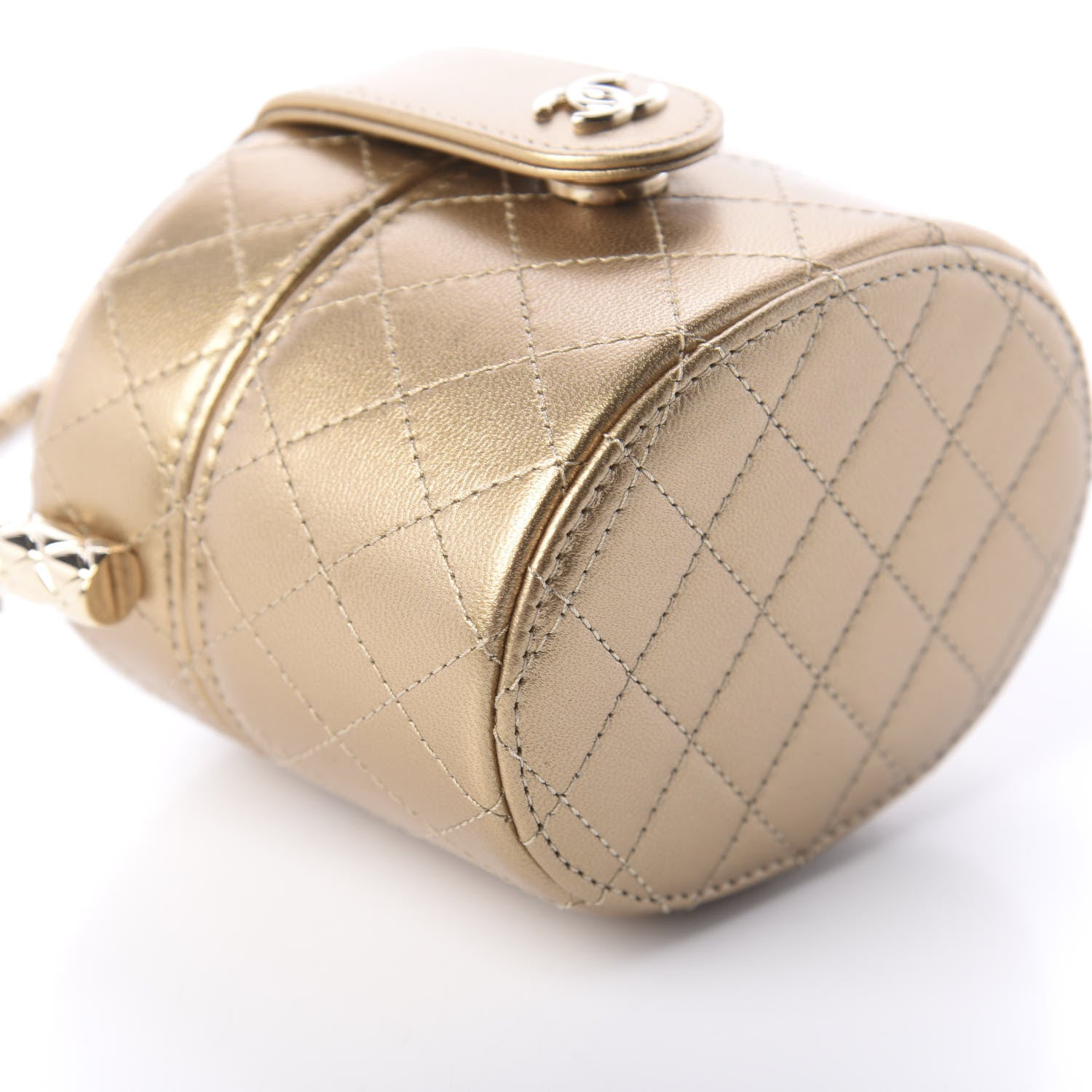 Chanel Metallic Lambskin Quilted Round Mini Vanity Case With Chain Gold 9 of 10