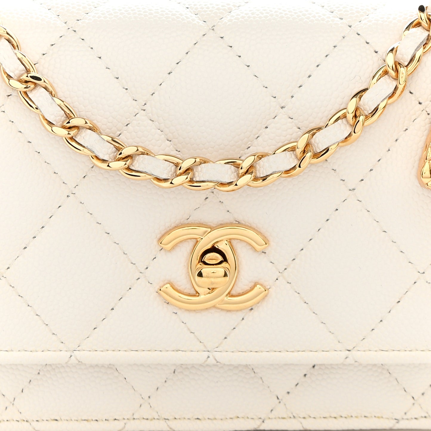 Shiny Caviar Quilted Flap Charm Small Wallet On Chain WOC White