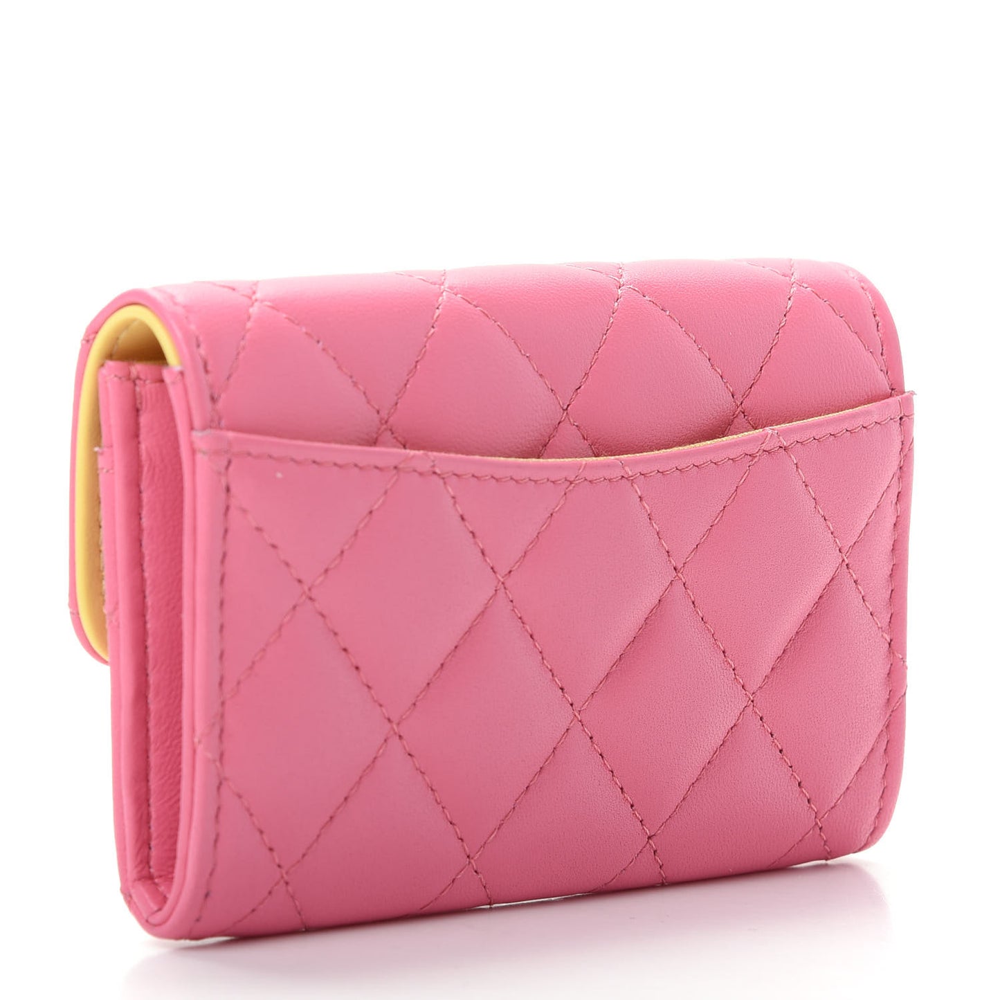 Lambskin Quilted Flap Card Holder Wallet Pink Yellow