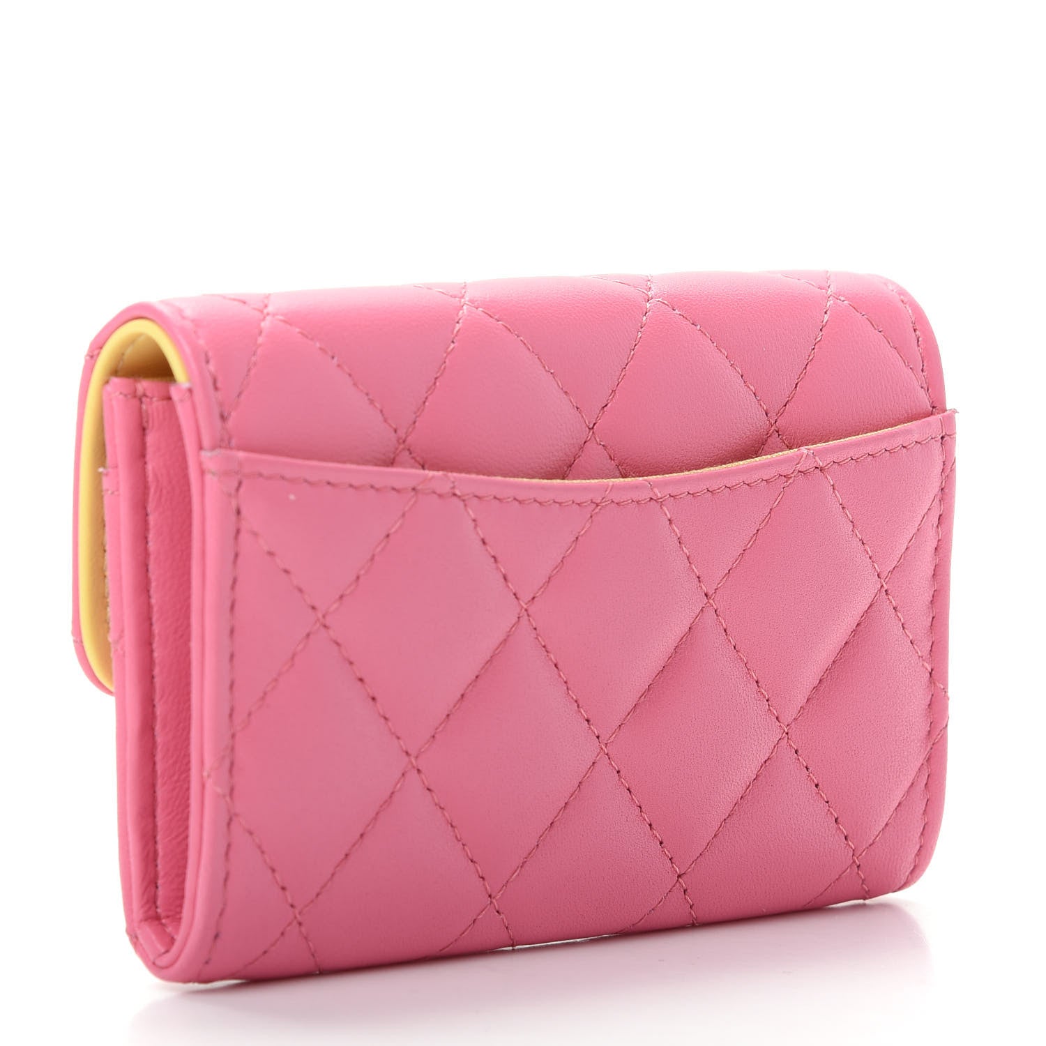 Chanel Lambskin Quilted Flap Card Holder Wallet Pink Yellow 3 of 9