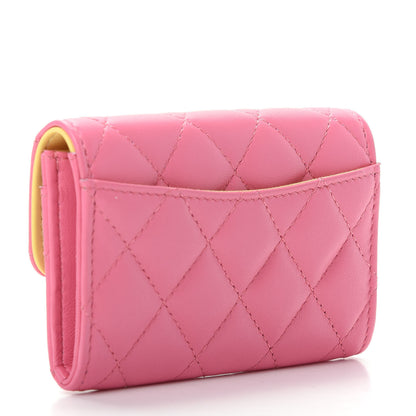 Chanel Lambskin Quilted Flap Card Holder Wallet Pink Yellow 3 of 9