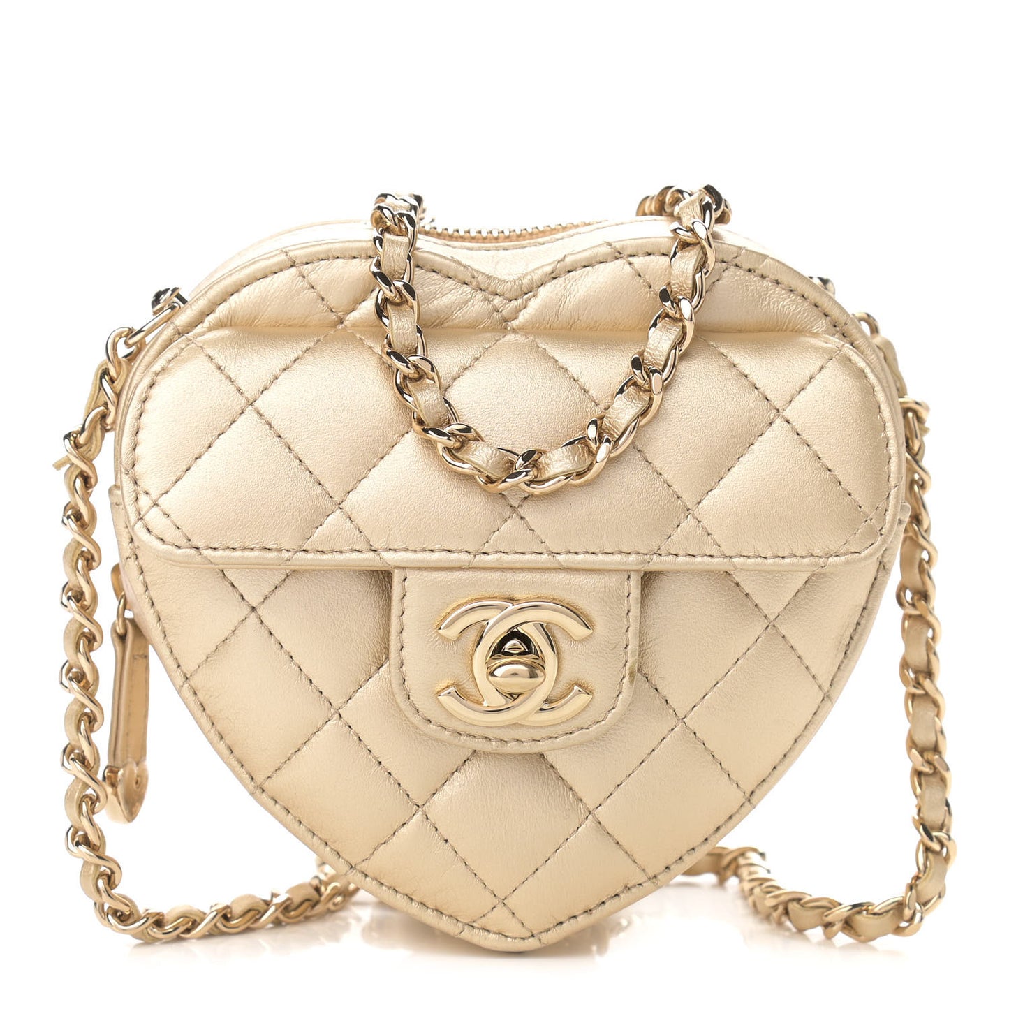 Metallic Lambskin Quilted CC In Love Heart Clutch With Chain Gold