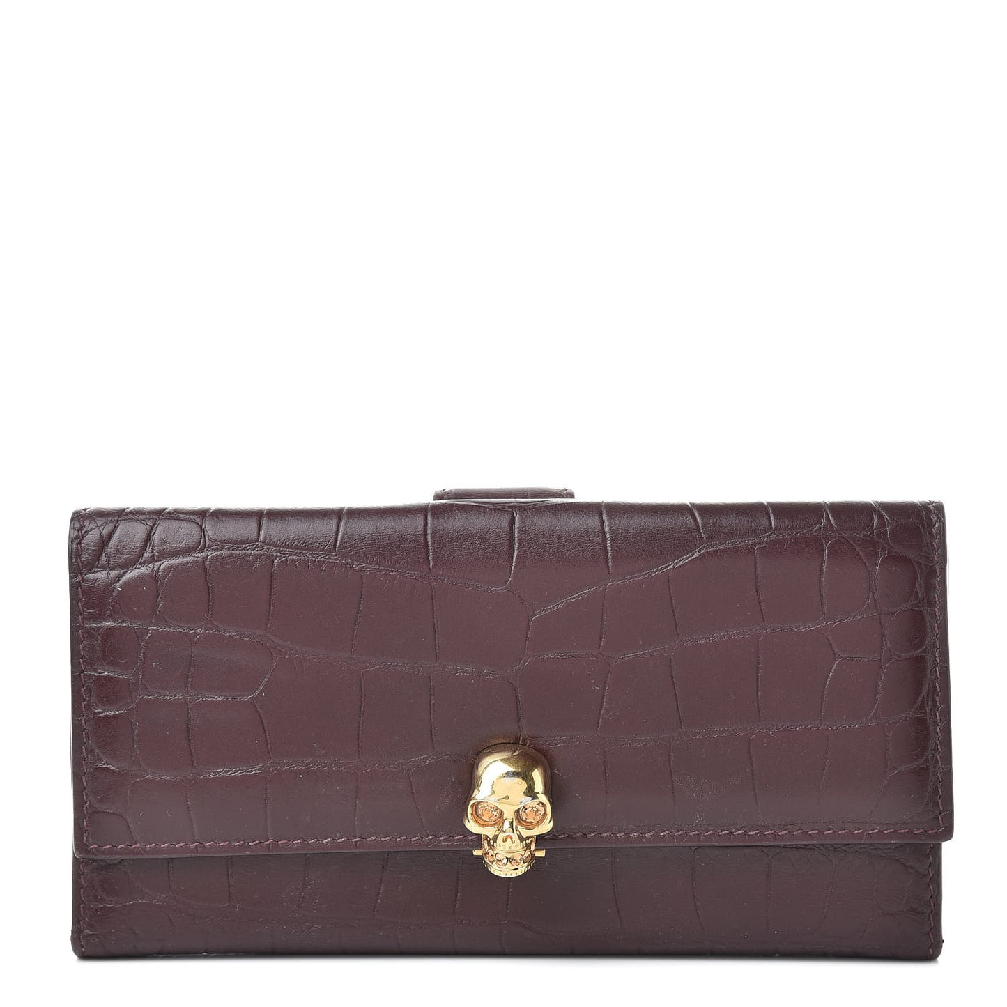 Silky Calfskin Crocodile Embossed Skull Continental Wallet Bordeaux
